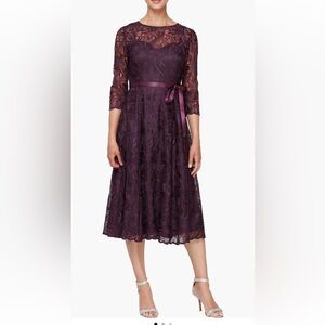 Alex Evenings Deep Purple Lace Midi Dress